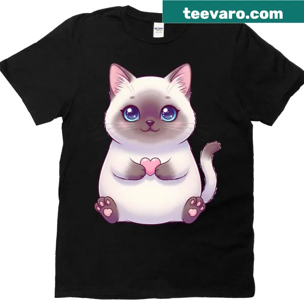 Cute illustration of a chubby Siamese cat holding a pink heart