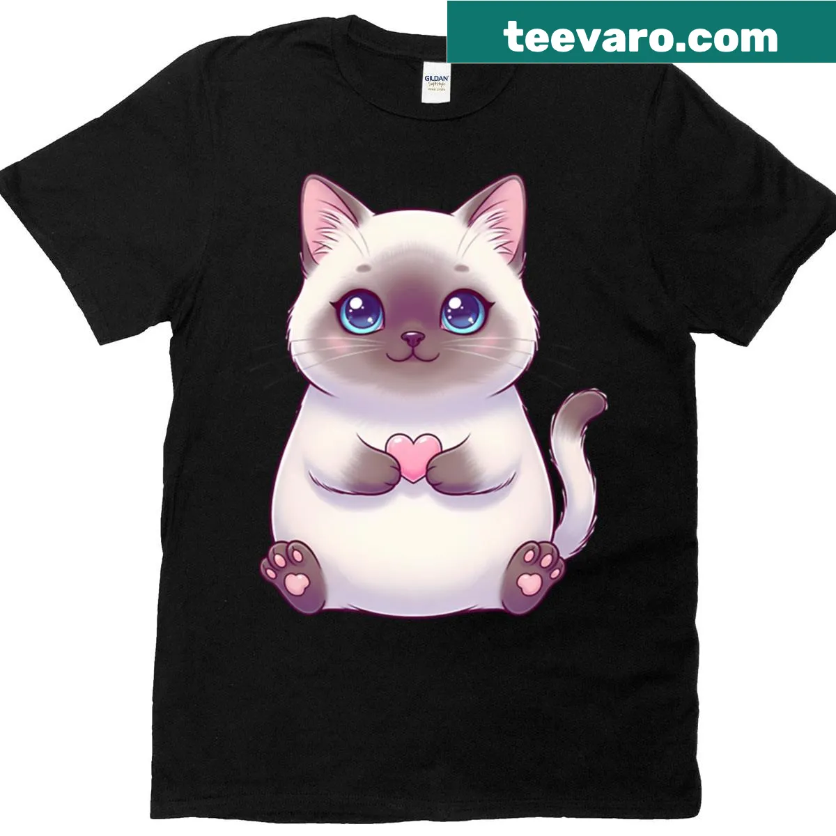 Cute illustration of a chubby Siamese cat holding a pink heart — on a men's t-shirt