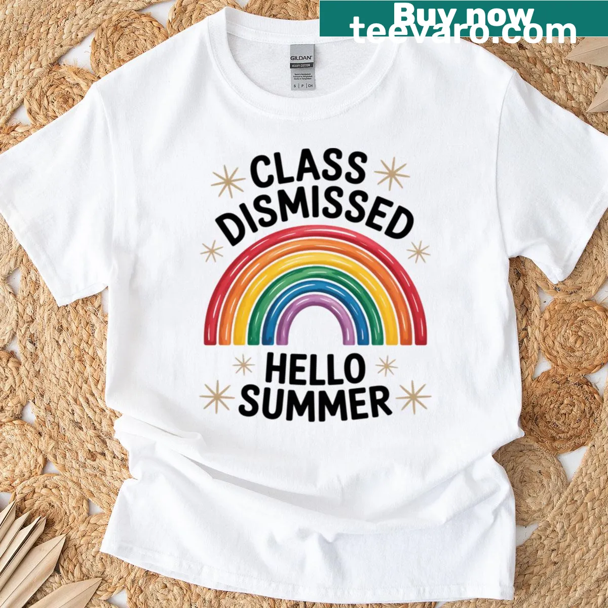 Text-based T-shirt with 'Class Dismissed' and summer theme. — on a men's t-shirt
