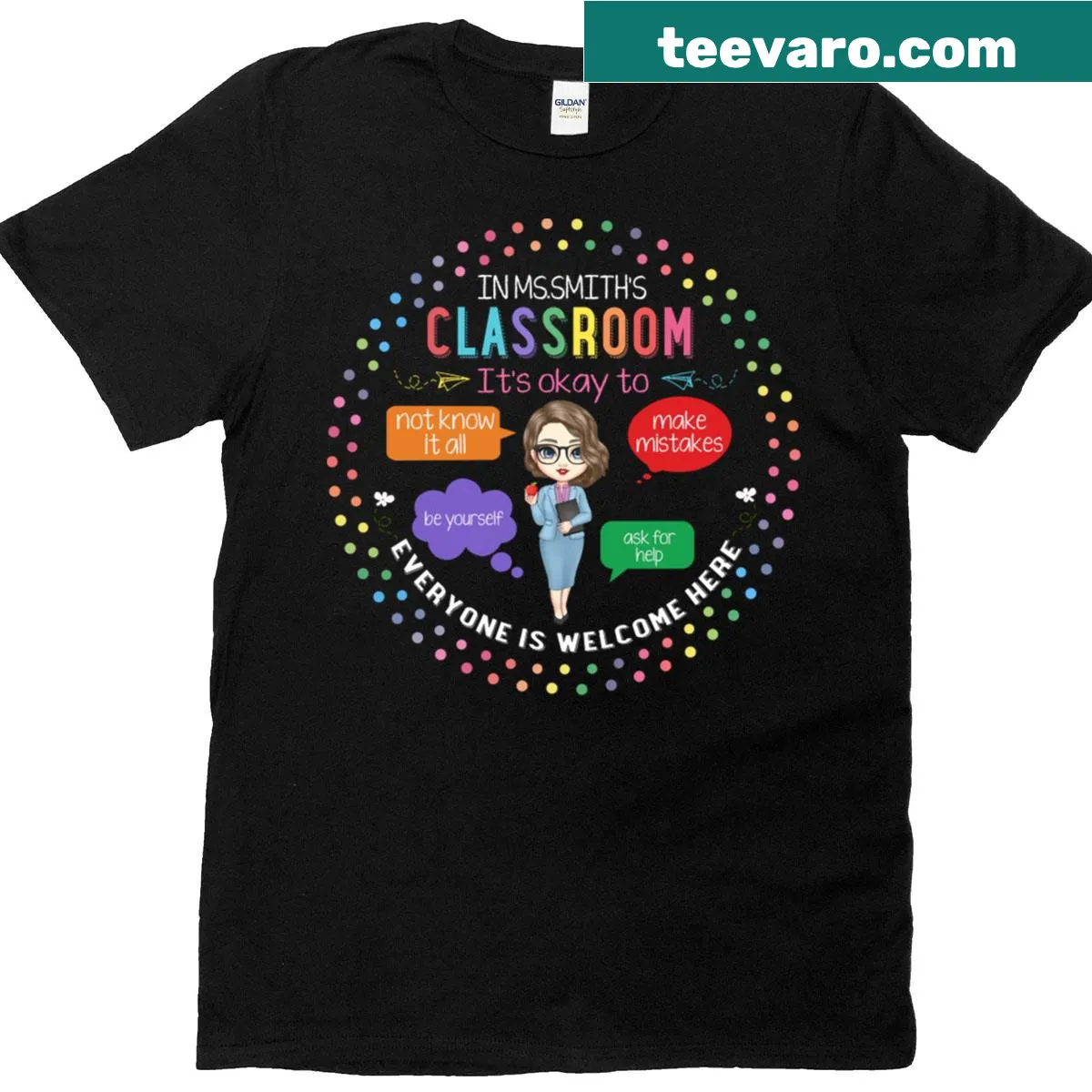 Inclusive teacher t-shirt with message welcoming everyone — on a men's t-shirt