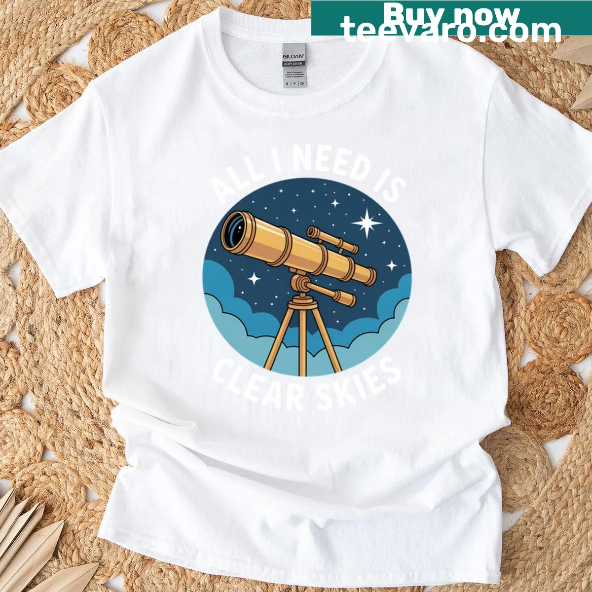 Astrophotography-themed t-shirt featuring a telescope and starry sky — on a men's t-shirt