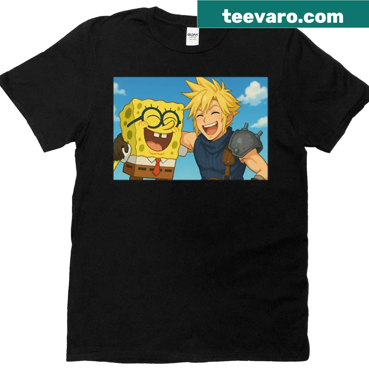 T-shirt featuring Cloud Strife and SpongeBob mashup graphic — on a men's t-shirt