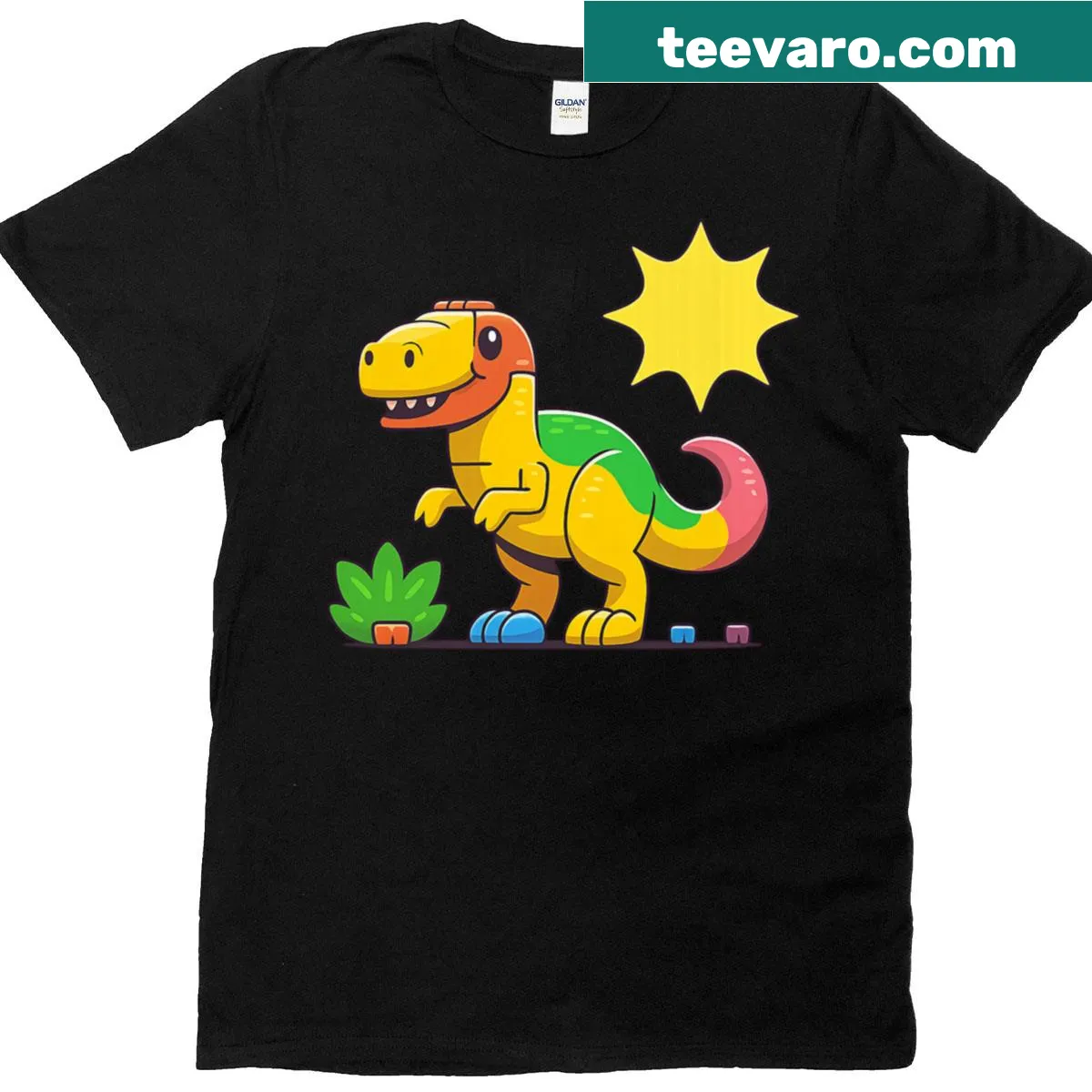 T-shirt featuring a colorful brick dinosaur design — on a men's t-shirt