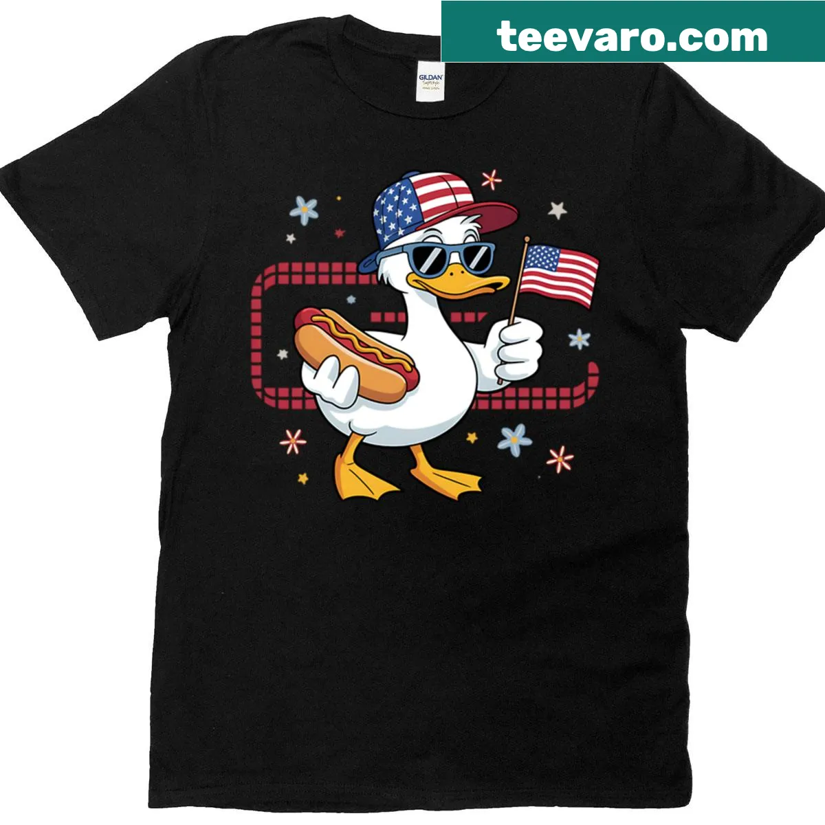 Patriotic t-shirt featuring goose silhouette and US flag — on a men's t-shirt