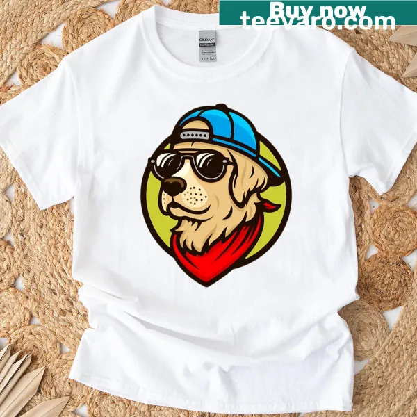 Funny Golden Retriever in cap and shades graphic on oversized T-shirt