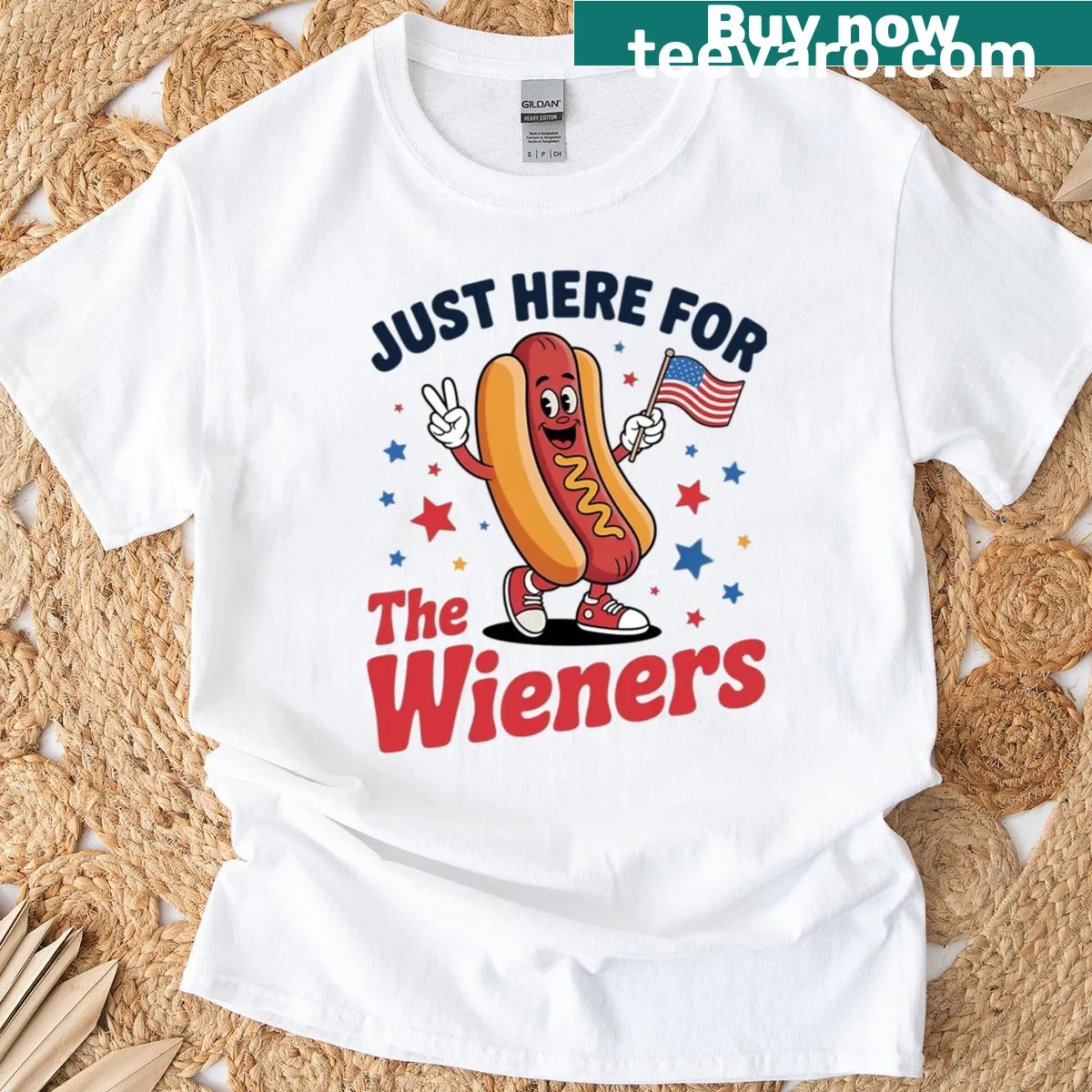 Funny hot dog T-shirt with 'Just Here For The Wieners' text. — on a men's t-shirt