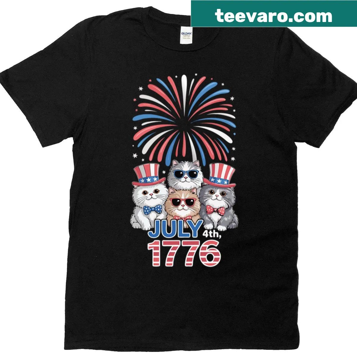 Vintage-style T-shirt featuring four cats and American flags — on a men's t-shirt