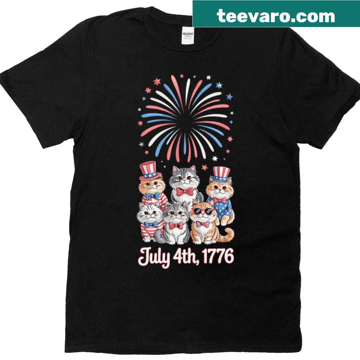 Oversized patriotic t-shirt with six cats and flags for July 4th — on a men's t-shirt