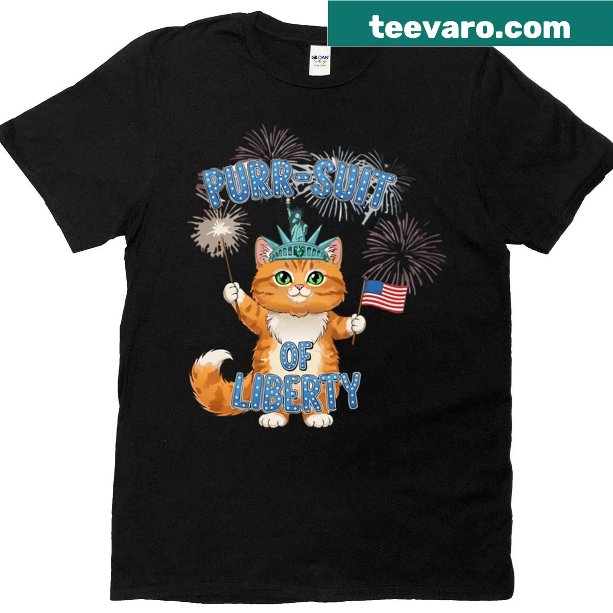 T-shirt featuring a cat in pursuit of liberty for Independence Day — on a men's t-shirt