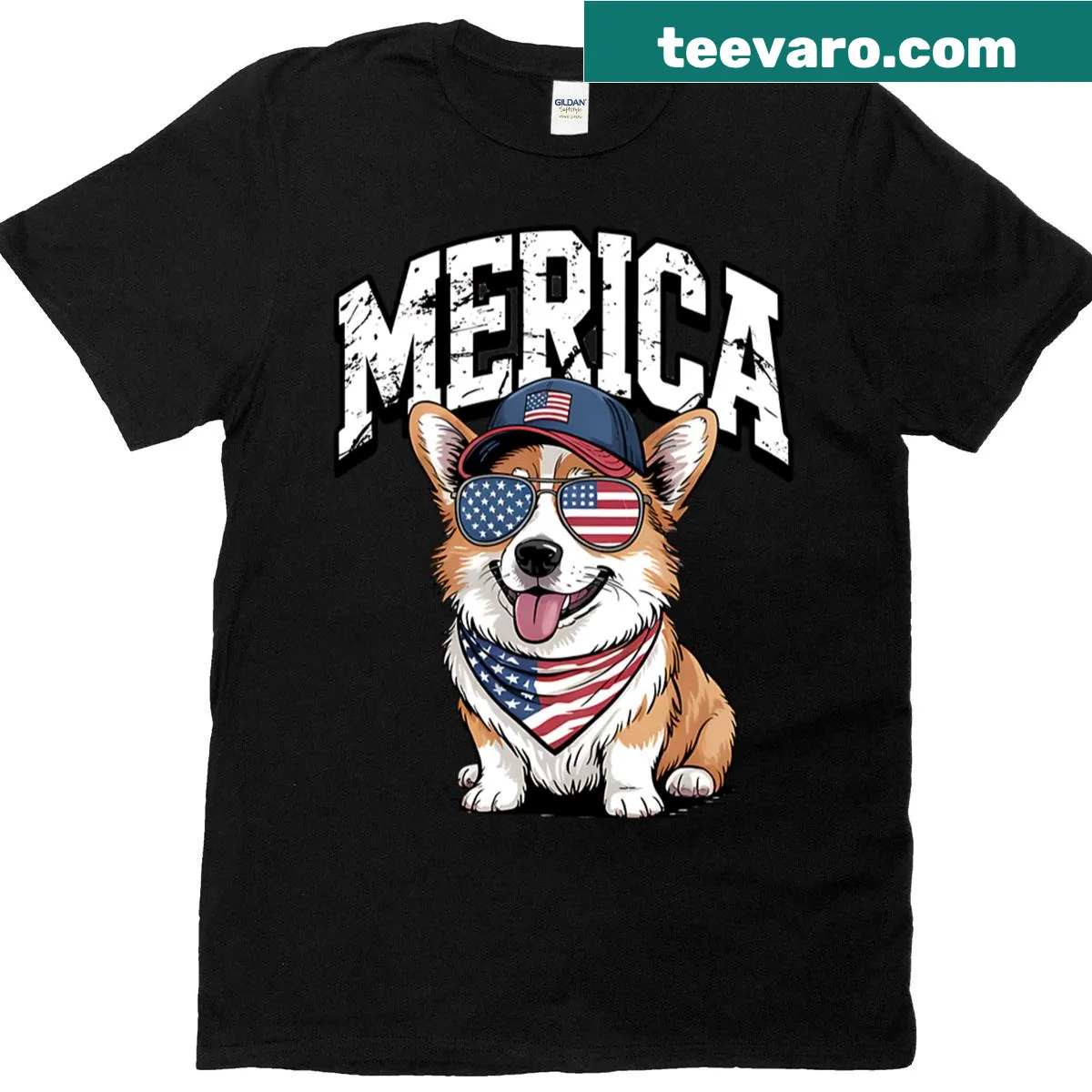 Corgi wearing an American flag with patriotic text on T-shirt — on a men's t-shirt