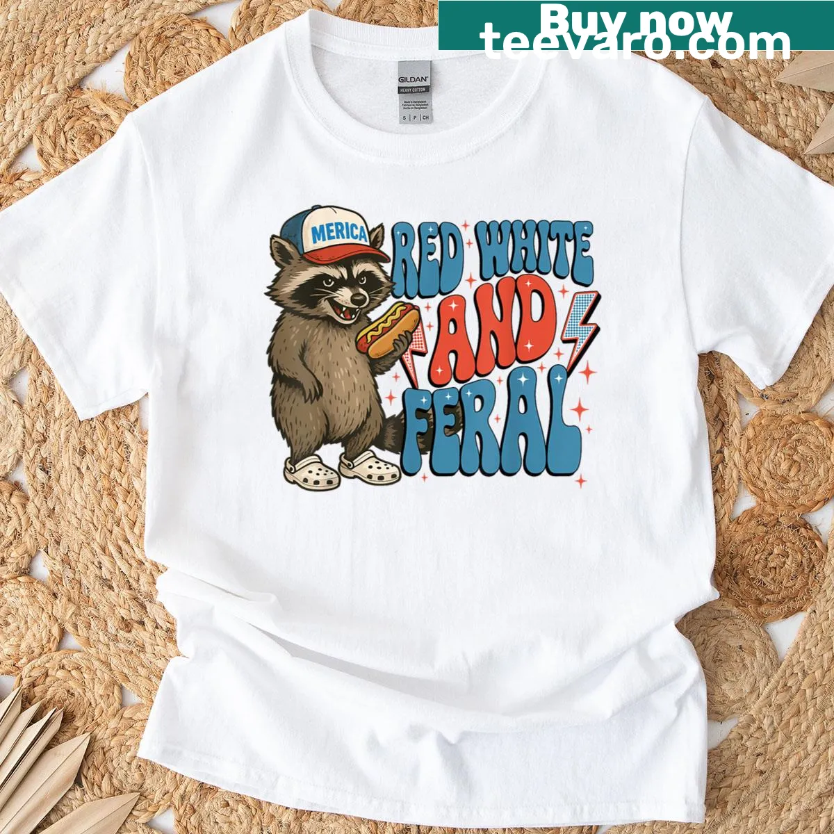 Cartoon feral raccoon in patriotic colors on a t-shirt — on a men's t-shirt