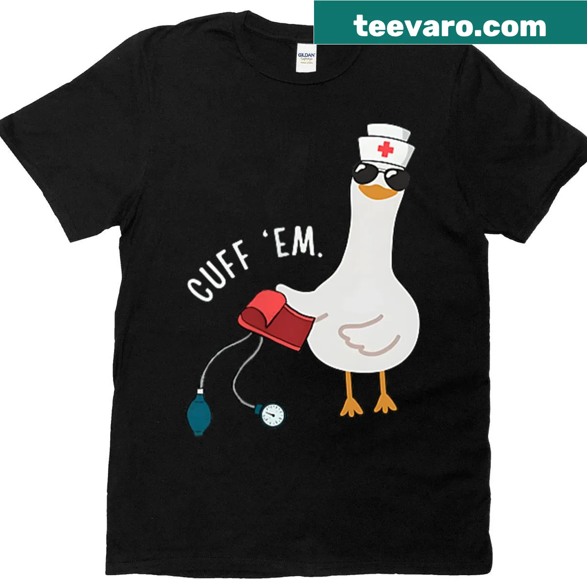 Funny nurse T-shirt with a cartoon goose and humorous text — on a men's t-shirt