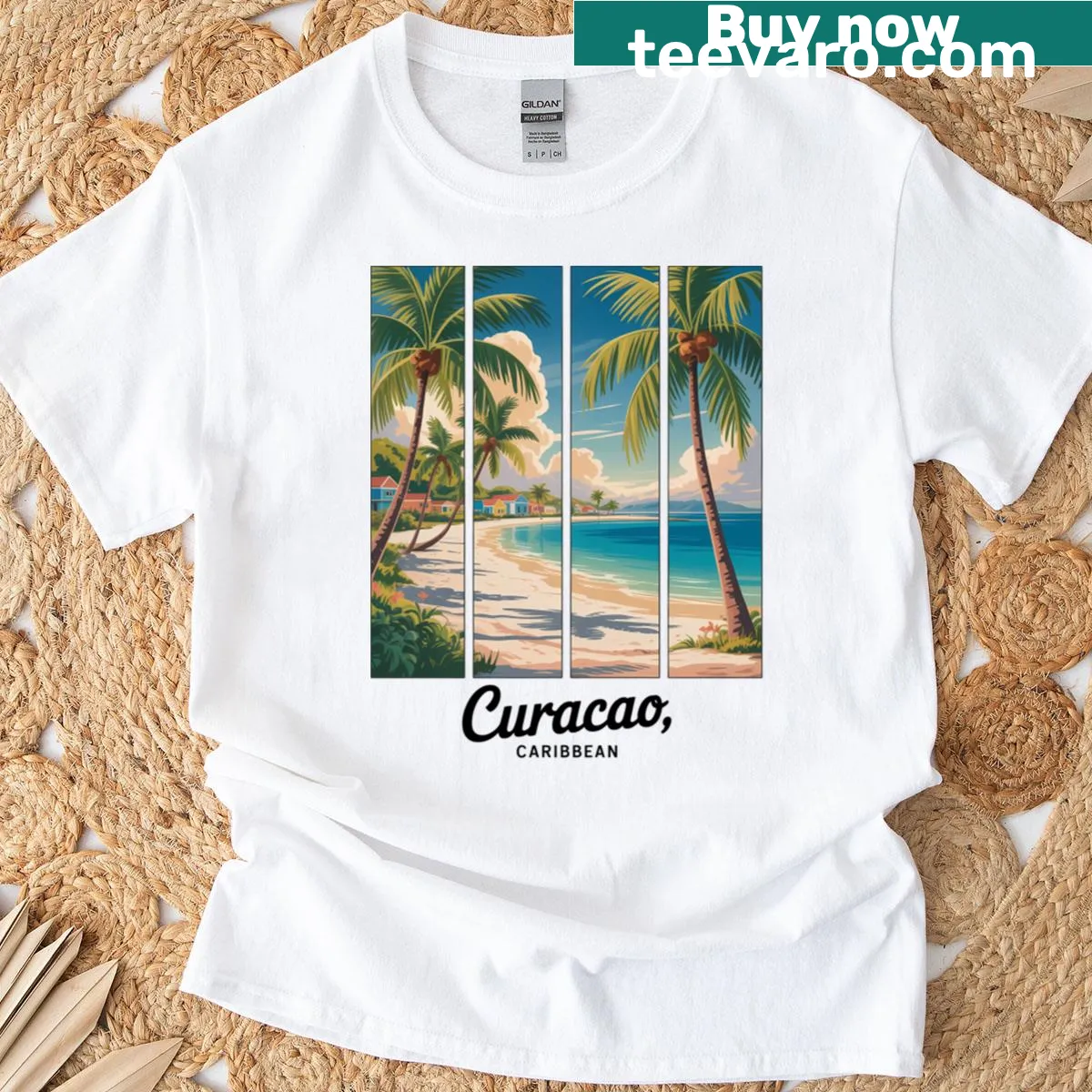 Illustrated souvenir T-shirt celebrating Curacao and island life. — on a men's t-shirt