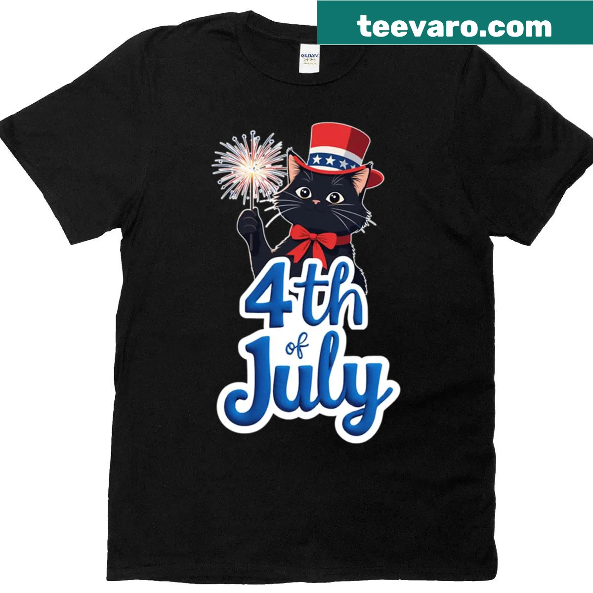 Cute black cat T-shirt with patriotic July 4th design — on a men's t-shirt