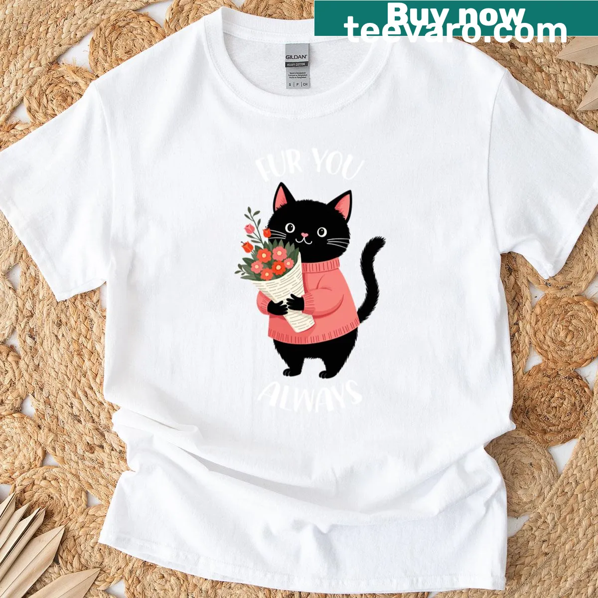 Cute T-shirt with a black cat and 'Fur You Always' text. — on a men's t-shirt