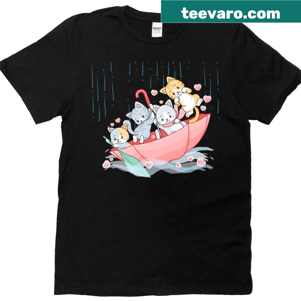 Adorable cats sailing in an umbrella boat on a T-shirt — on a men's t-shirt
