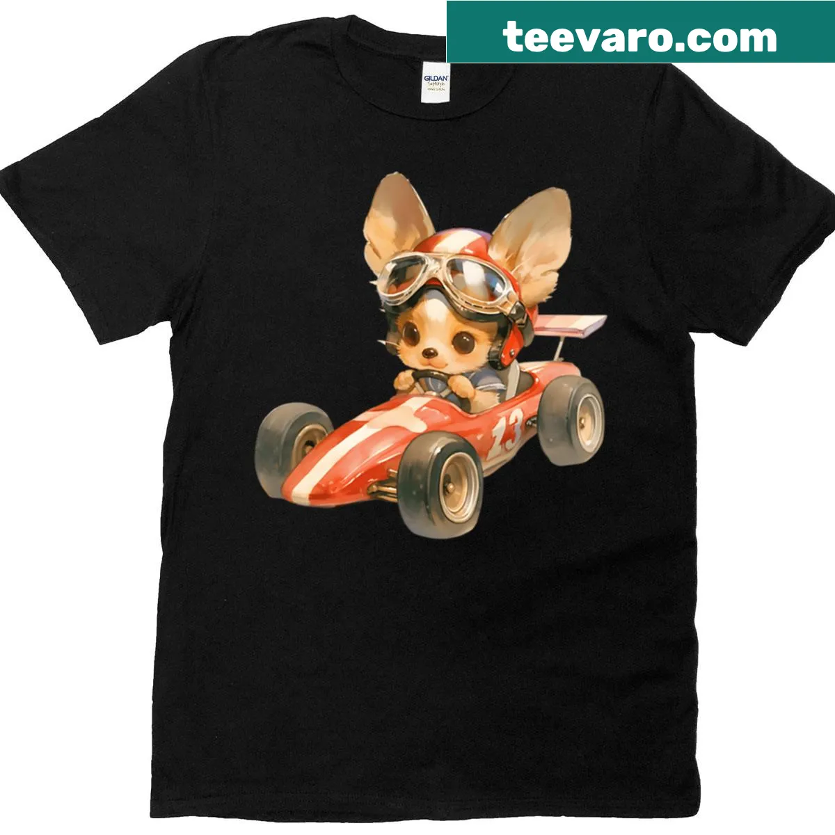 Illustrated chihuahua racing in a go-kart t-shirt — on a men's t-shirt