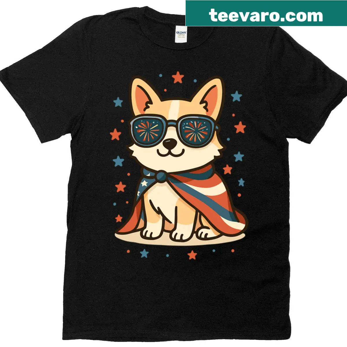 Patriotic corgi in firework shades on a T-shirt — on a men's t-shirt