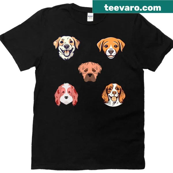 Illustrated t-shirt with various cute dog faces of different breeds