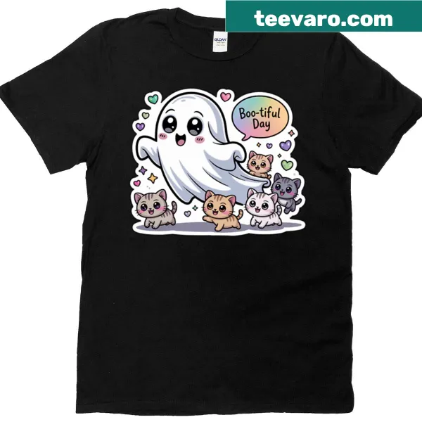 Kawaii Halloween t-shirt with chibi kittens and a cute ghost design