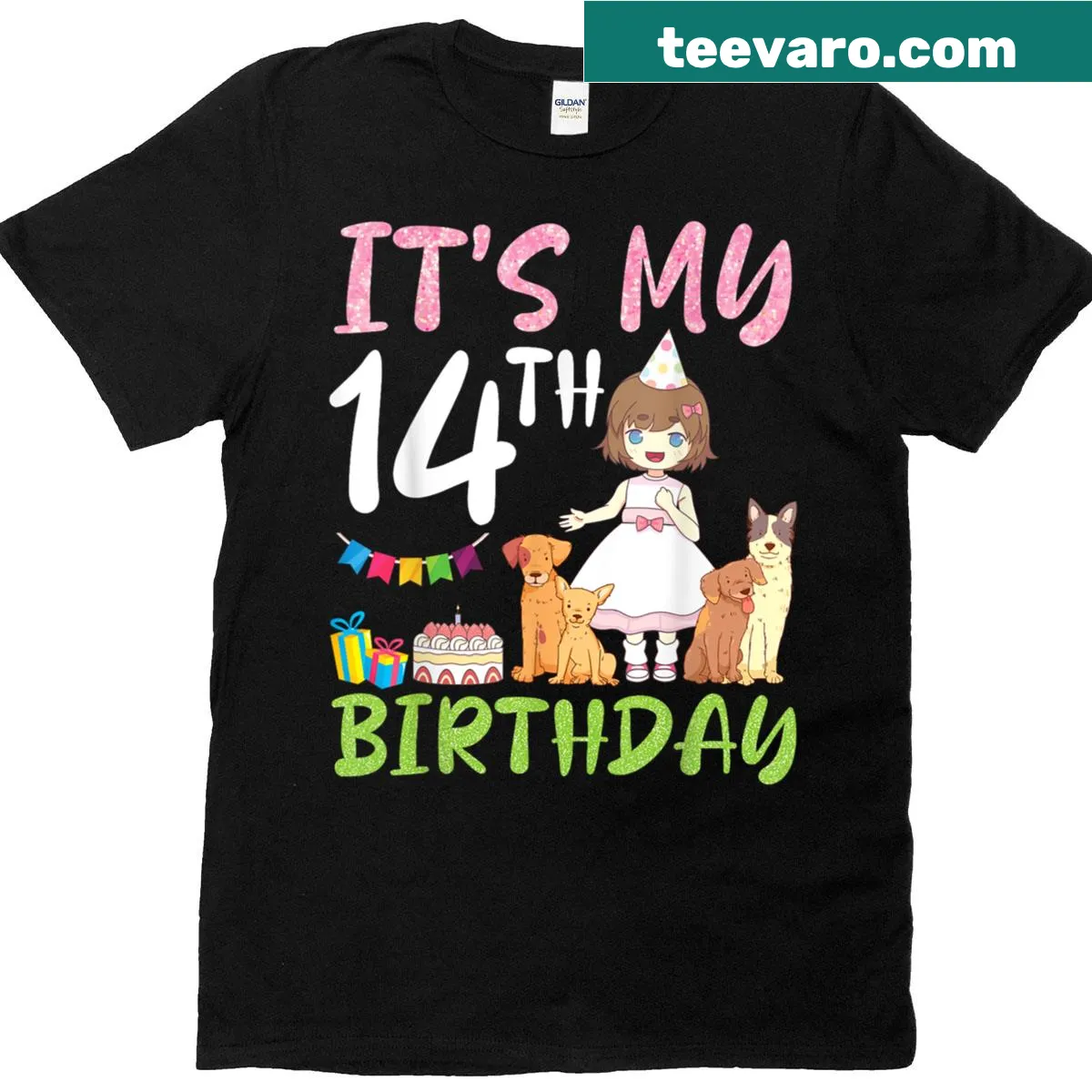 Birthday T-shirt featuring a girl with dogs illustration — on a men's t-shirt