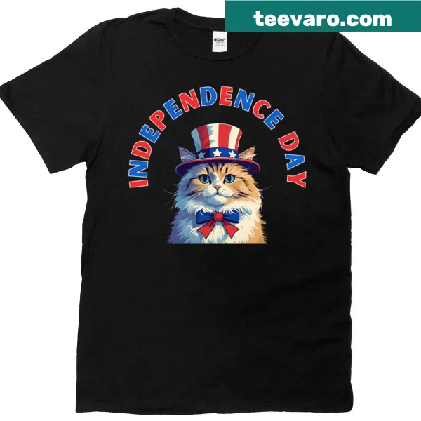 Cute cat in flag hat for Independence Day on T-shirt