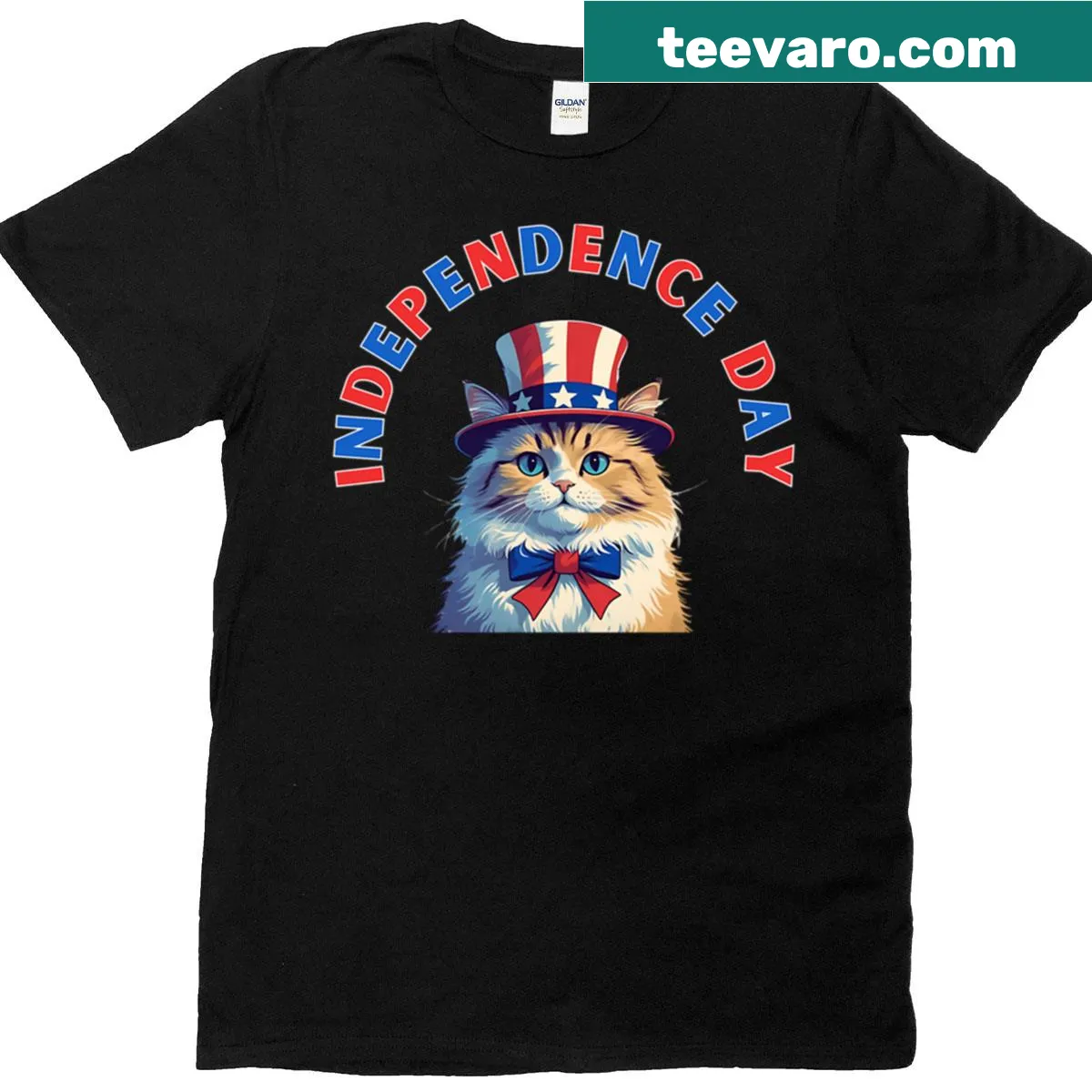 Cute cat in flag hat for Independence Day on T-shirt — on a men's t-shirt