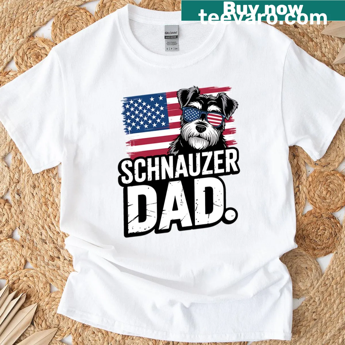 Cartoon schnauzer with USA flag for dog dads on Father's Day — on a men's t-shirt