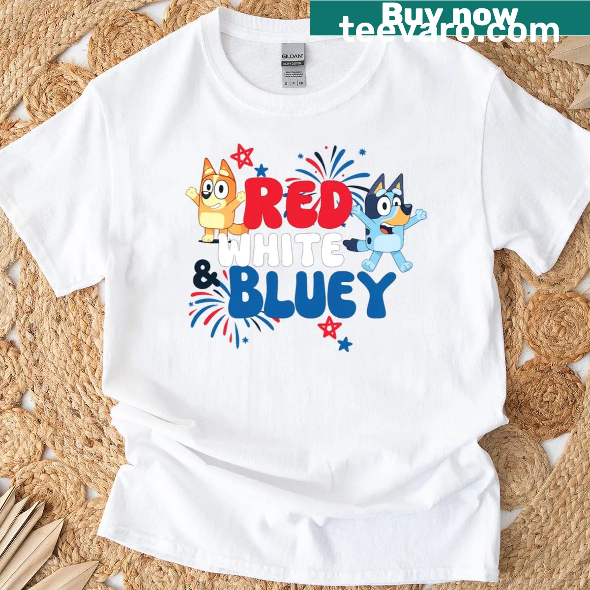 Vintage cartoon t-shirt with red, white, and blue theme — on a men's t-shirt