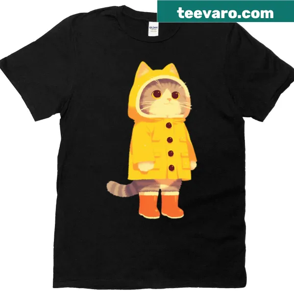 Illustration of a tabby cat in raincoat and boots on a t-shirt