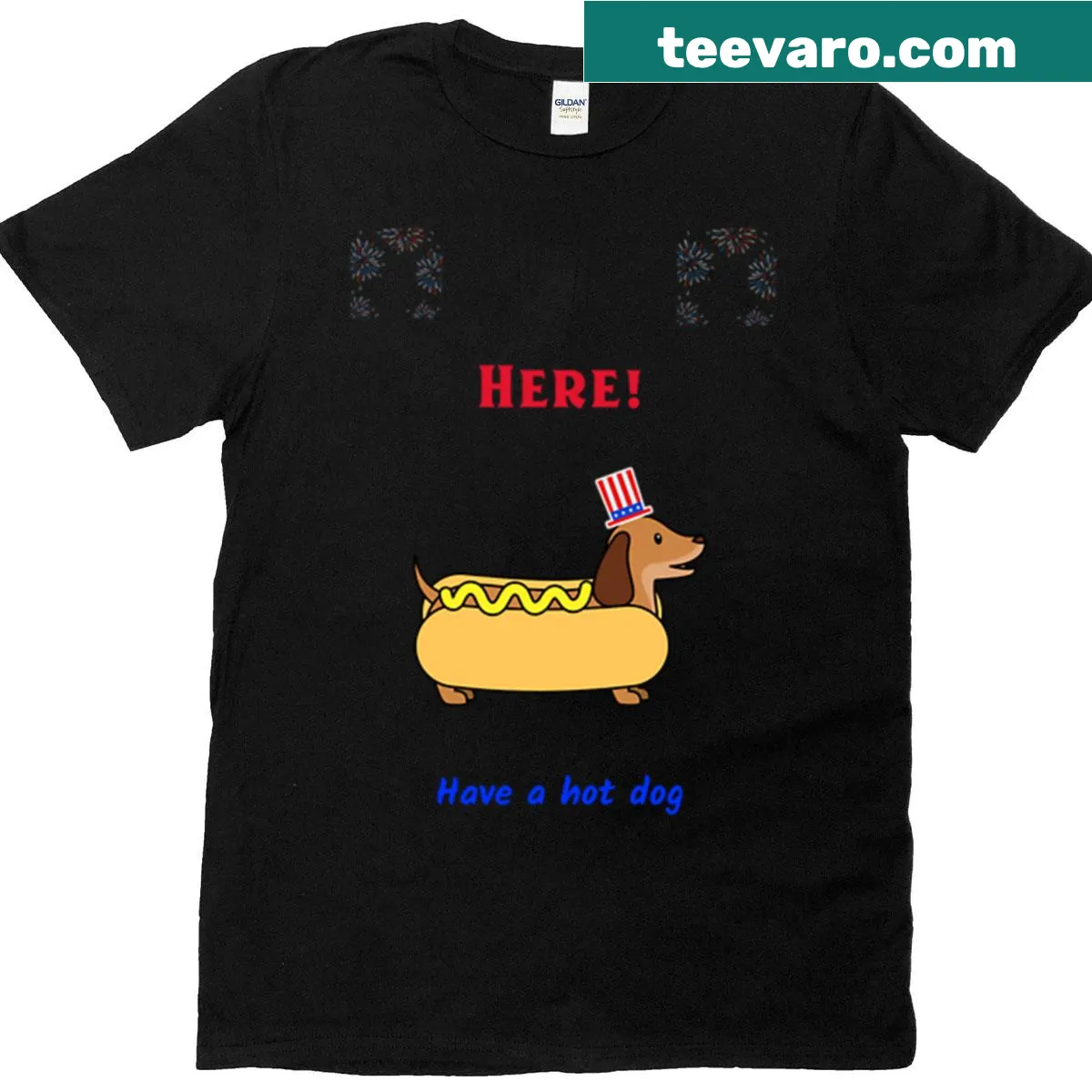 Cartoon dachshund celebrating Fourth of July on a t-shirt — on a men's t-shirt