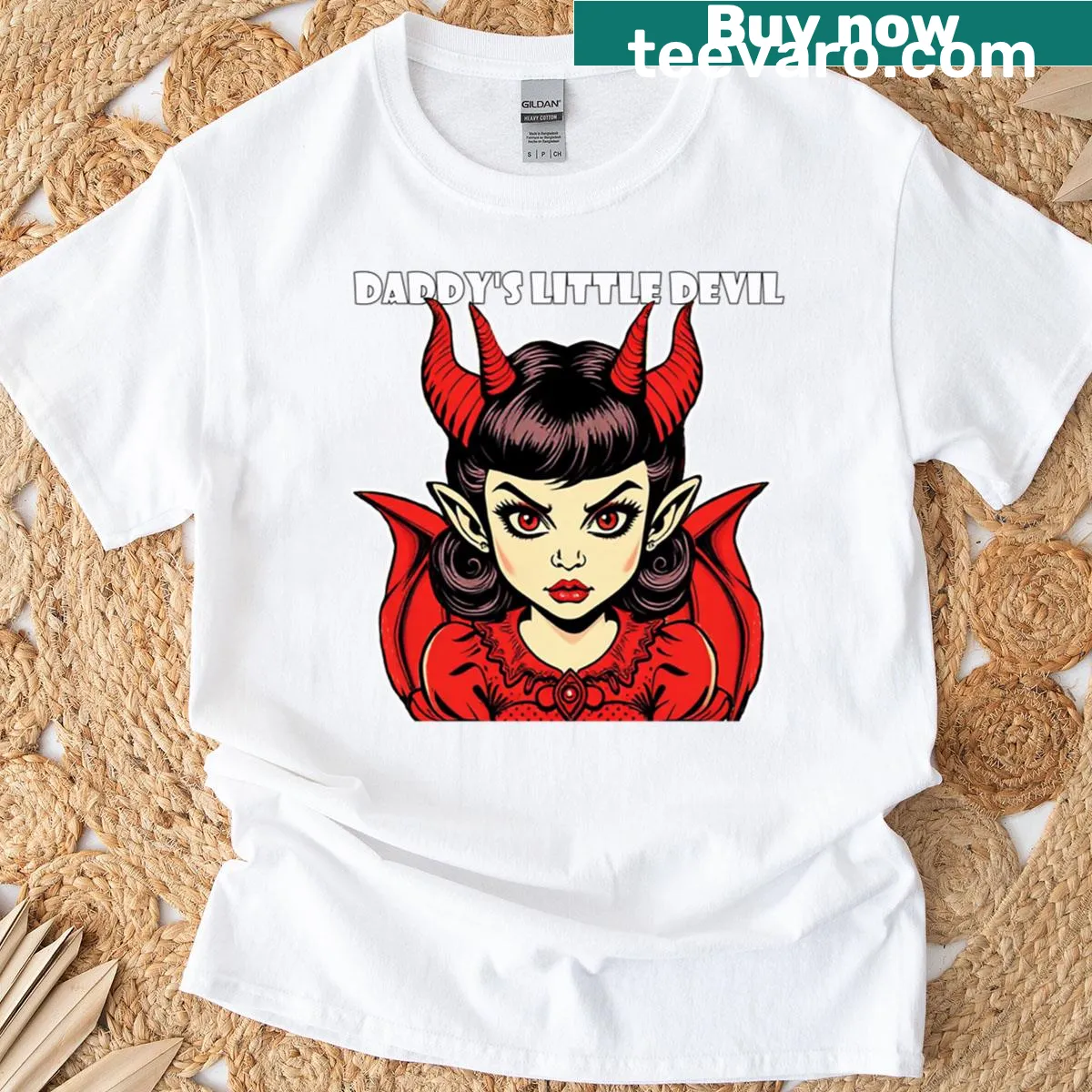 Cute oversized t-shirt for kids with Daddy's Little Devil graphic — on a men's t-shirt