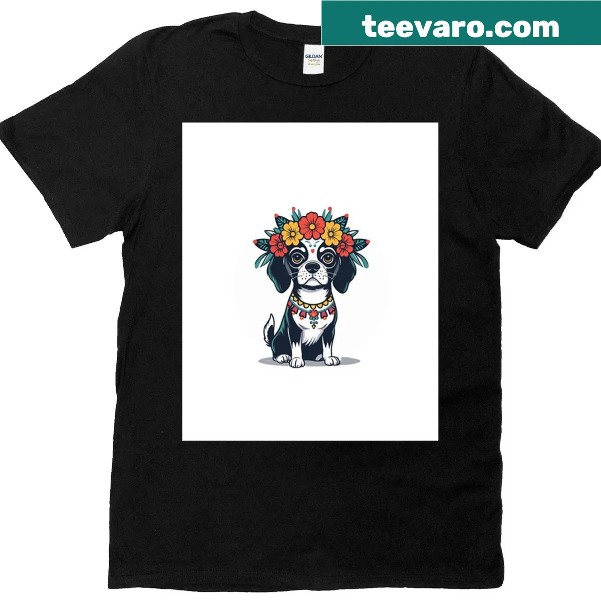 Day of the Dead Catrina dog graphic t-shirt — on a men's t-shirt