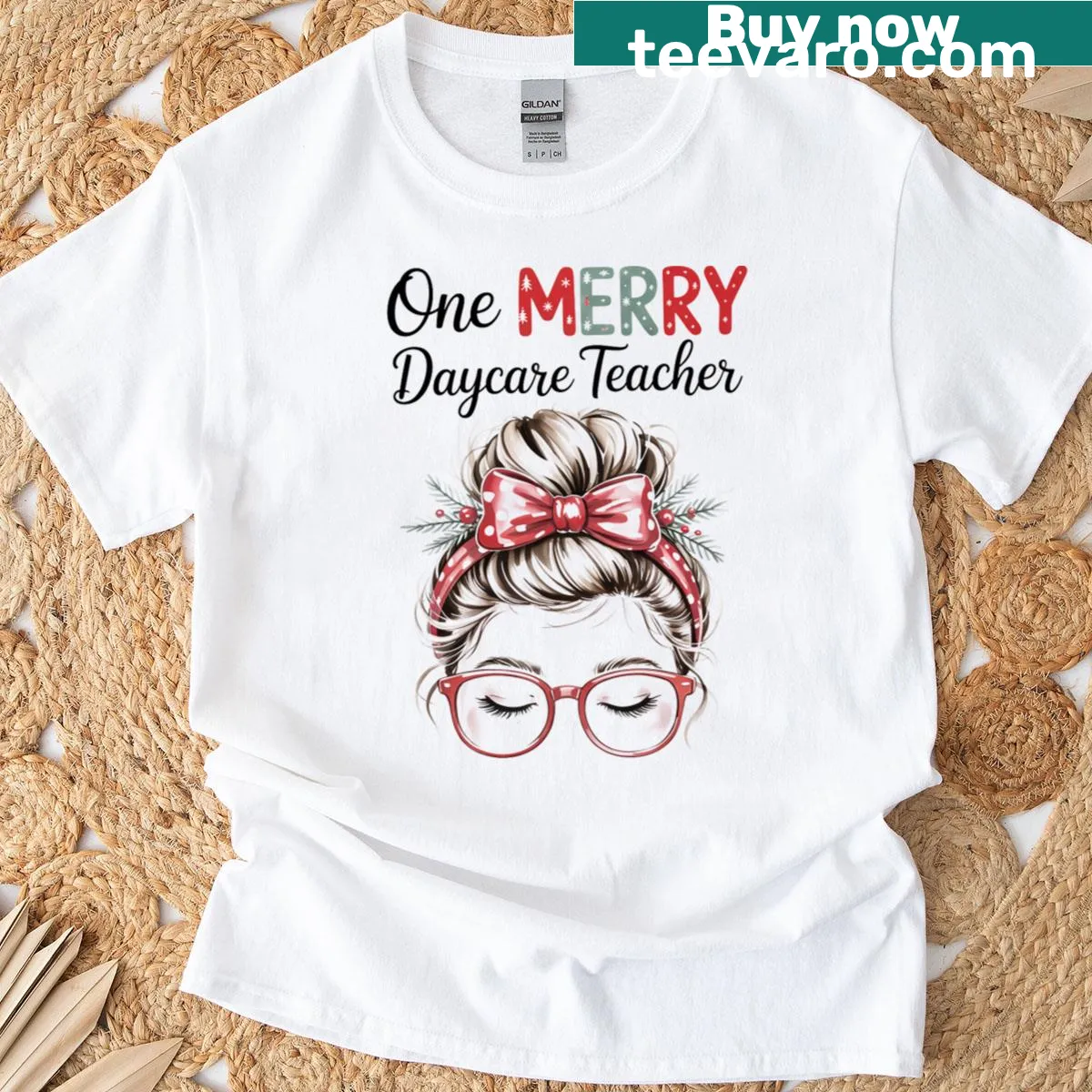 Christmas t-shirt for daycare teachers featuring messy bun design — on a men's t-shirt