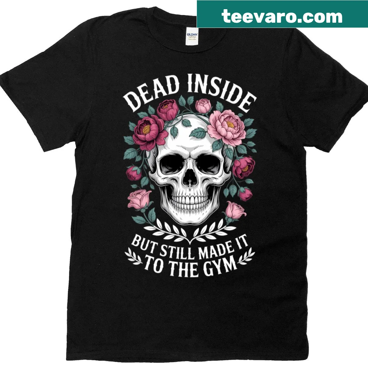 Floral skull T-shirt with humorous gym quote — on a men's t-shirt