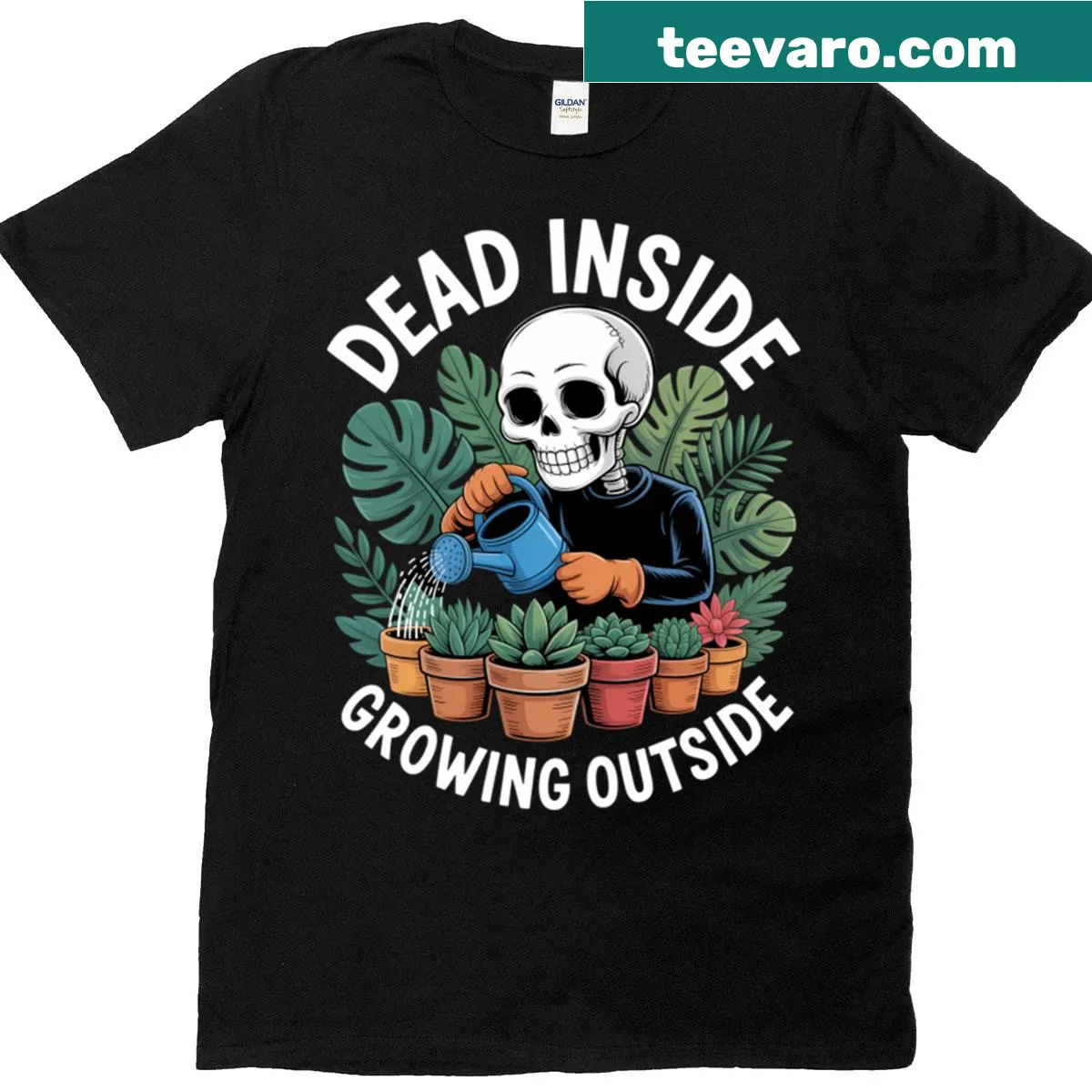 Skeleton with potted plants T-shirt design — on a men's t-shirt