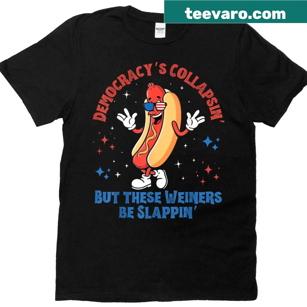 Humorous T-shirt with political commentary about democracy — on a men's t-shirt