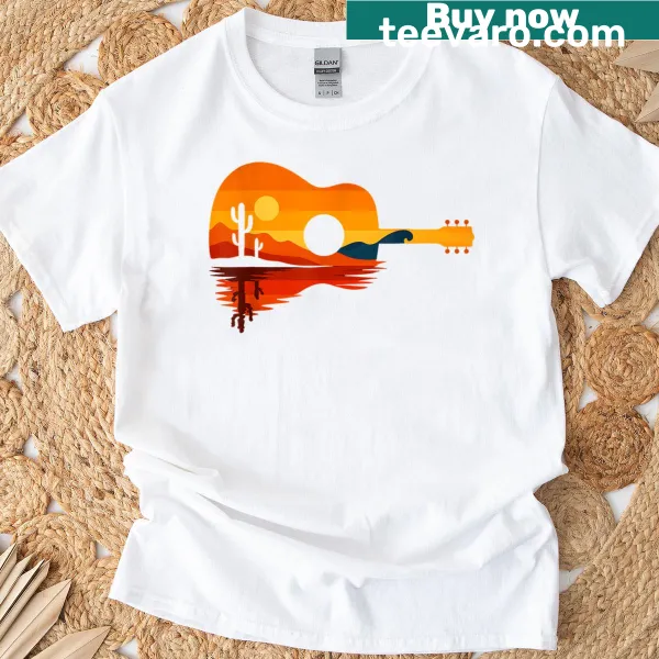 Desert sunset guitar art t-shirt for music lovers