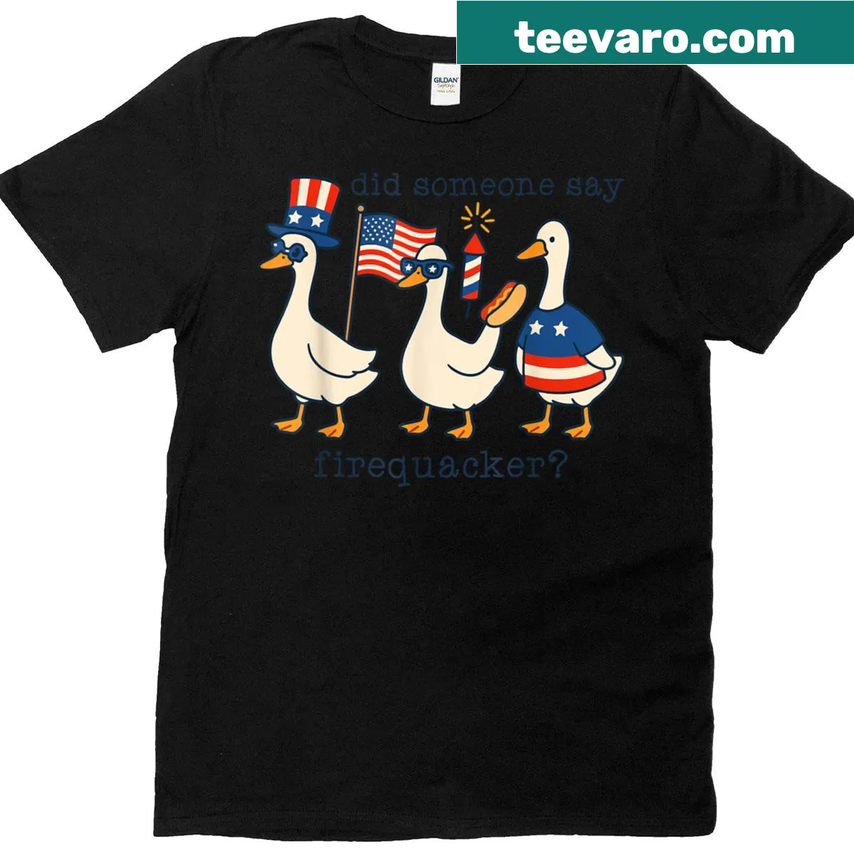 Funny goose graphic shirt with 'Did Someone Say Firequacker?' text — on a men's t-shirt