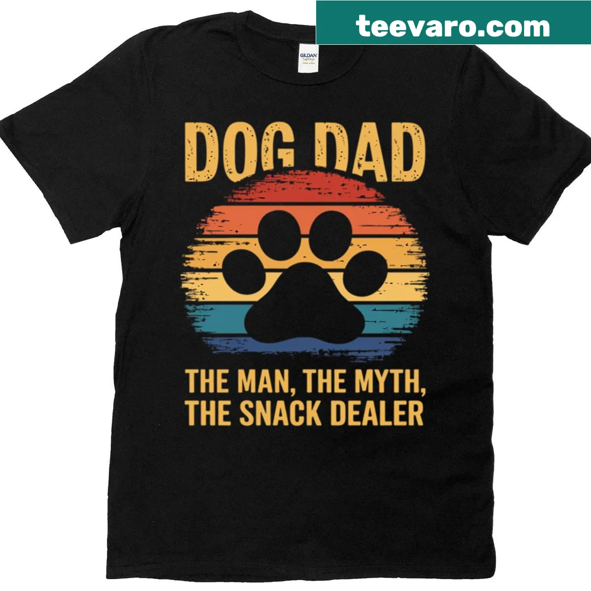Funny Dog Dad t-shirt featuring the phrases Man, Myth, Snack Dealer — on a men's t-shirt