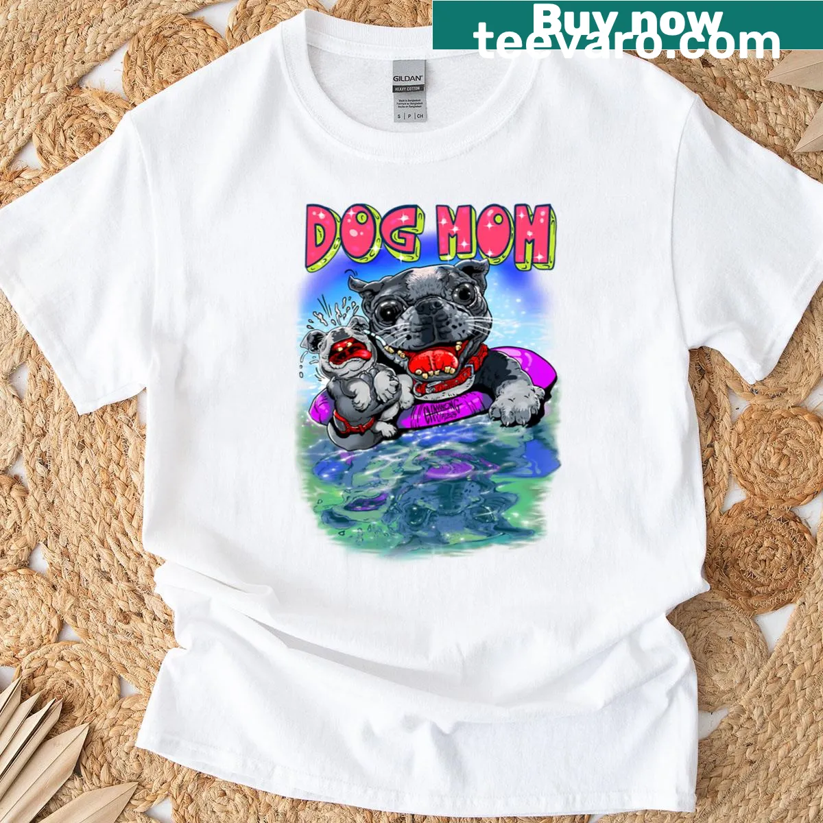 Summer-themed t-shirt with a French Bulldog at a pool party. — on a men's t-shirt