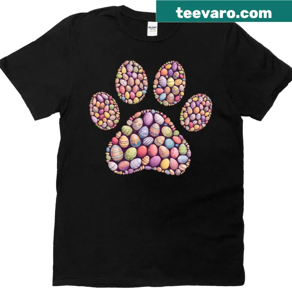 Easter-themed t-shirt with dog paw print and colorful eggs