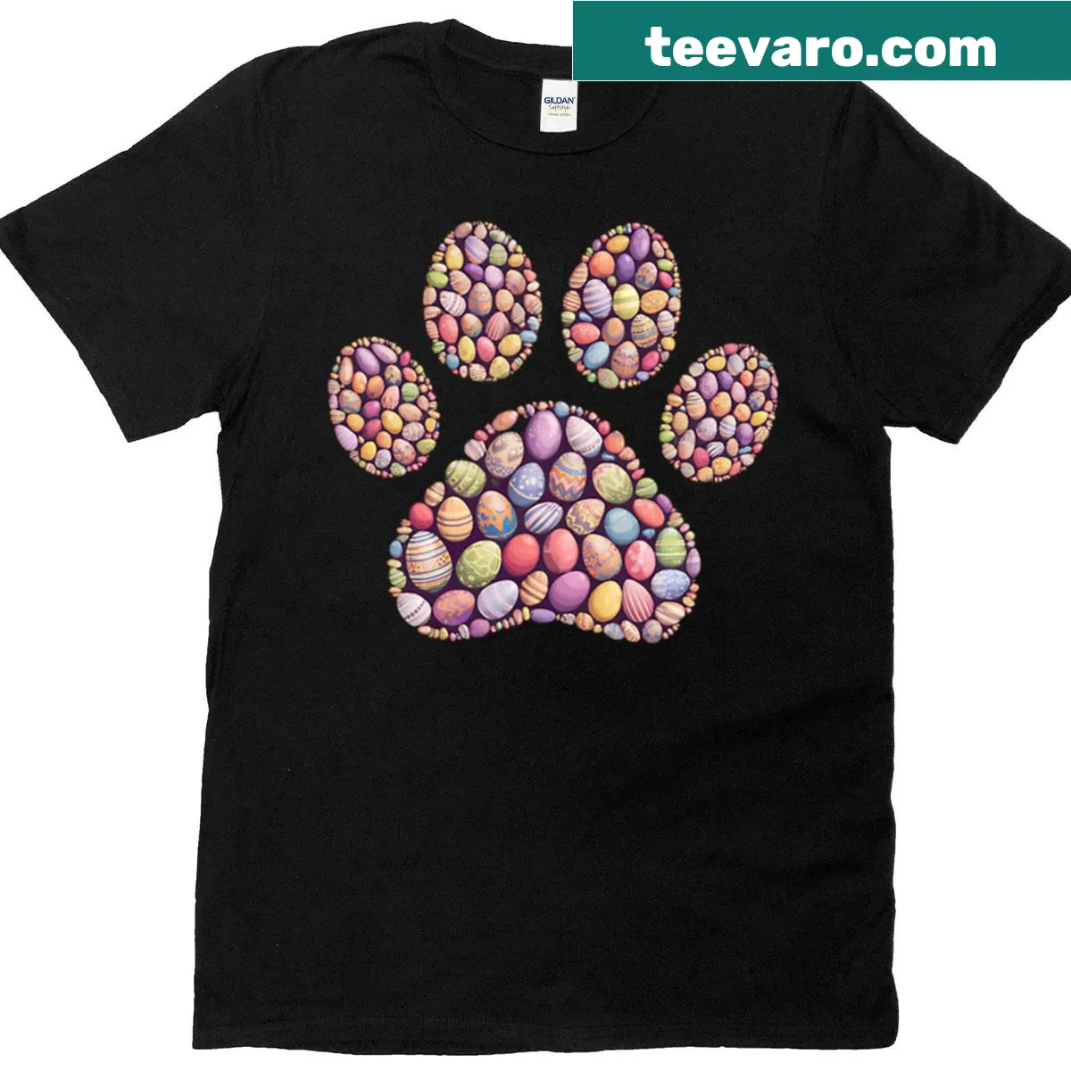 Easter-themed t-shirt with dog paw print and colorful eggs — on a men's t-shirt