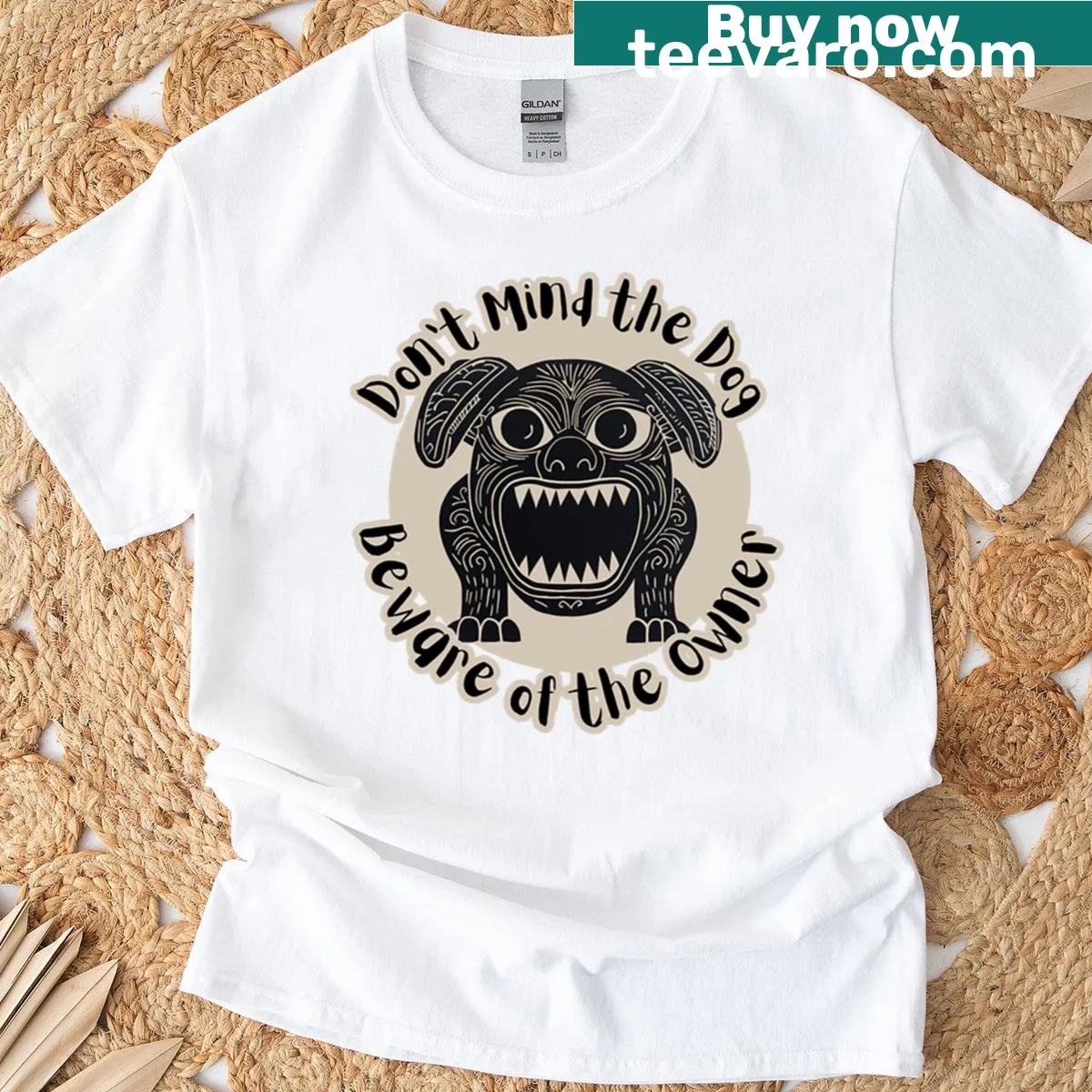 Funny warning t-shirt with a playful dog illustration — on a men's t-shirt