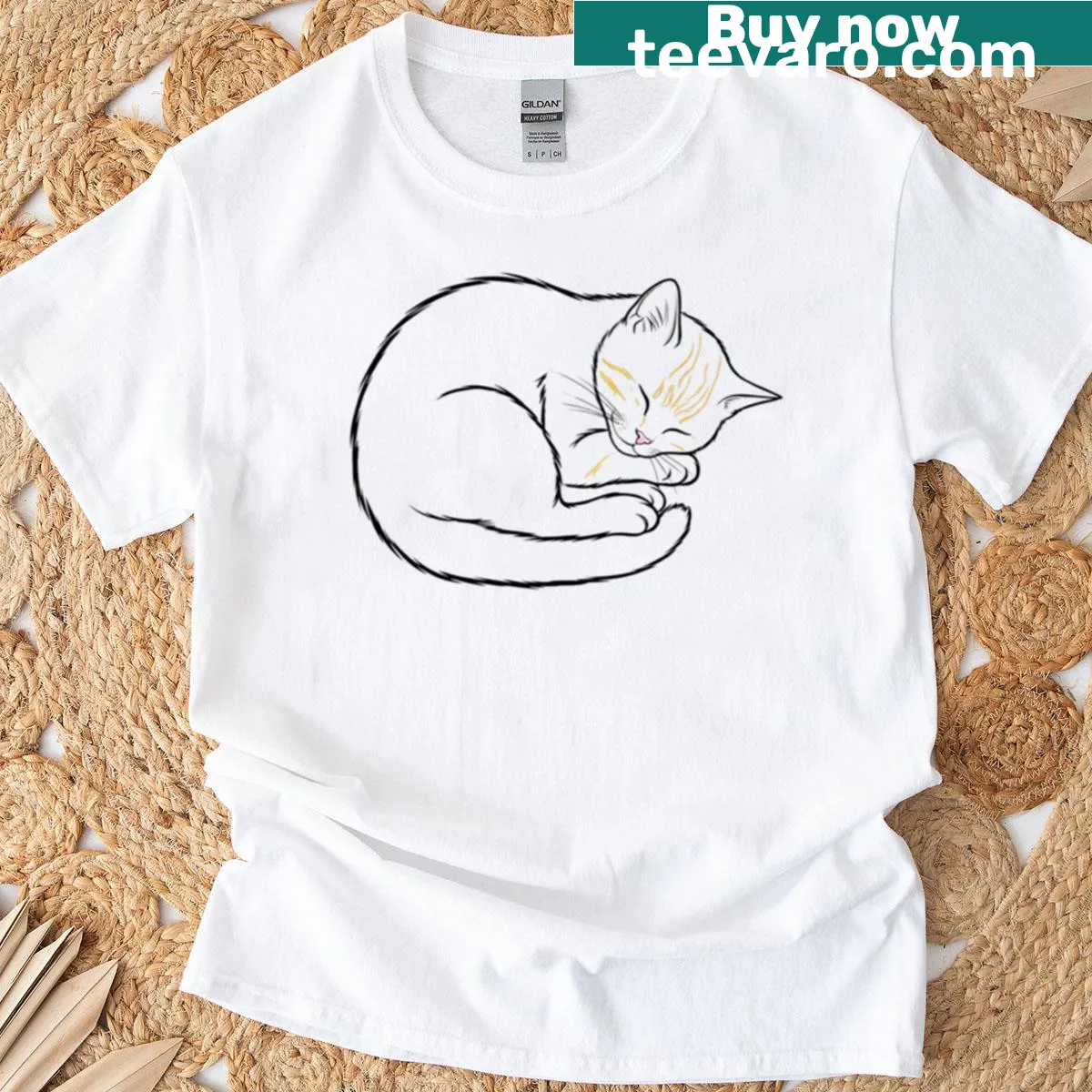 Minimalist illustration t-shirt featuring a dreaming kitty. — on a men's t-shirt