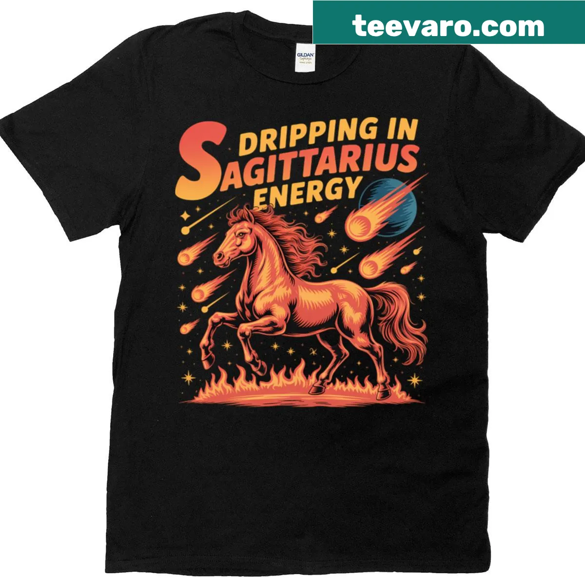Astrology-themed t-shirt featuring Sagittarius zodiac energy text design — on a men's t-shirt