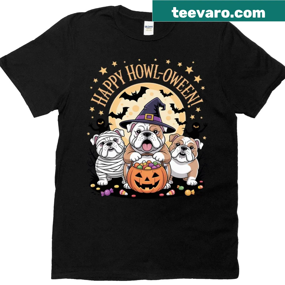 Halloween T-shirt with English Bulldog mummy, ghosts, and moon illustration — on a men's t-shirt