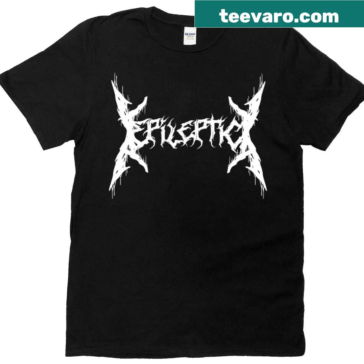 Bold Seizurecore logo tee representing black metal humor — on a men's t-shirt