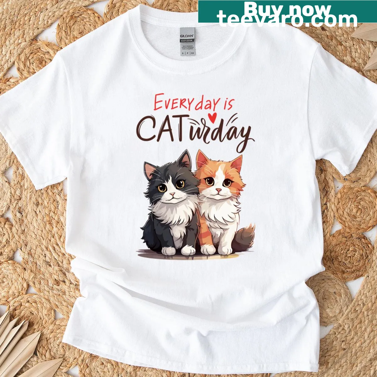 Cute cat-themed t-shirt with 'Every Day Is A Caturday' text — on a men's t-shirt