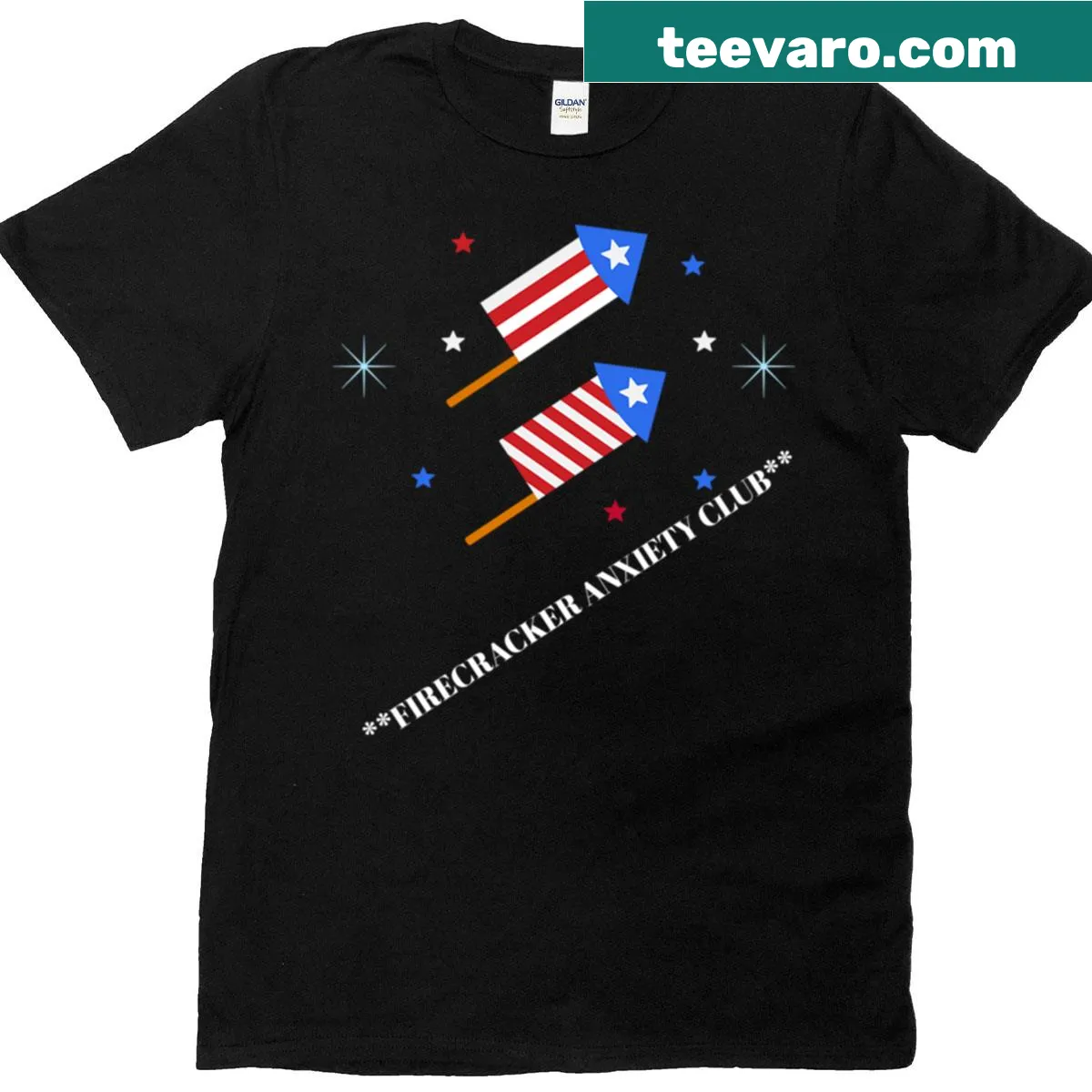 Oversized T-shirt with 'Firecracker Anxiety Club' text for Independence Day. — on a men's t-shirt